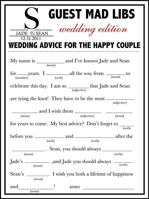 Printable Funny Wedding Mad Libs Template